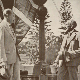 Ernest Fisk and former PM Billy Hughes unveiling the monument in Wahroonga which commemorates the first wireless message, 1935. 