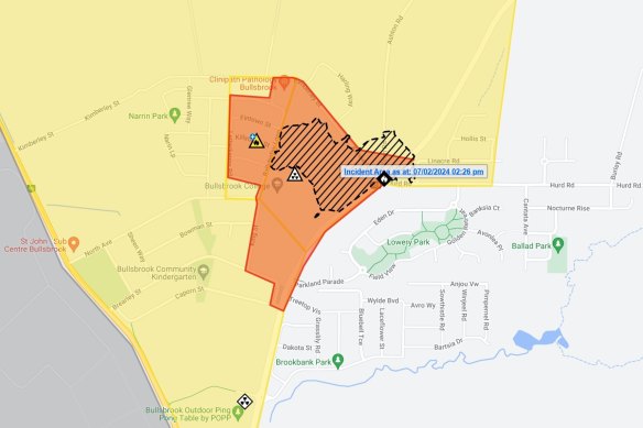 The HAZMAT warning area declared for Bullsbrook (in red).