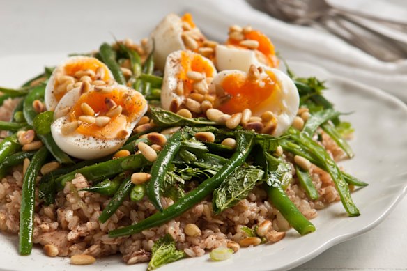 Karen Martini’s dish of tuna, brown rice, sumac and green bean salad with soft-boiled eggs.