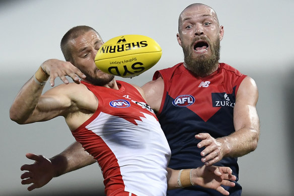 Melbourne skipper Max Gawn, right, playing against Sydney in round 15. 