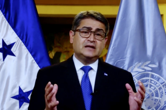 Juan Orlando Hernández Alvarado, President of Honduras, pictured speaking to the United Nations General Assembly, is accused of protecting drug traffickers.