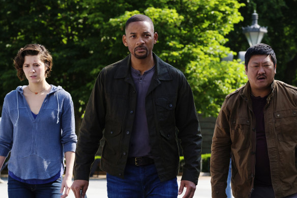 Mary Elizabeth Winstead, from left, Will Smith and Benedict Wong in Ang Lee film Gemini Man.