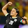 Sam Kerr of Australia celebrates the win during the AFC Women’s Asian Cup over China at Perth Stadium.