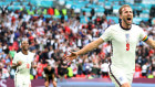 Harry Kane of England celebrates after scoring their side’s second goal during the UEFA Euro 2020 Championship Round of against Germany at Wembley Stadium.
