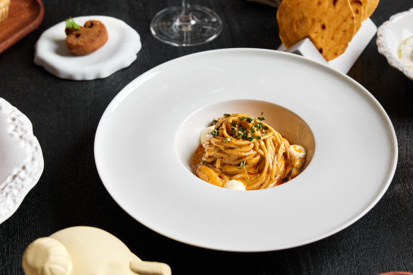 House-made tagliolini with a tomato sauce, n’duja and oregano, South Australian mussels and buffalo blue cream.