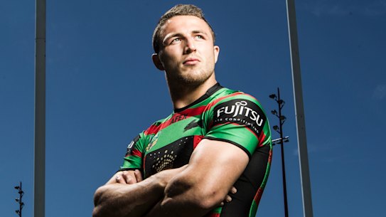 SMH/SPORT.  Portrait of Sam Burgess player with the Rabbitohs.  Photographed at Redfern Oval before trainingin Redfern.  Pic for up comming stories during the Rugby Leauge Finals.  Pic by Nic Walker.  Date 17th September 2014.