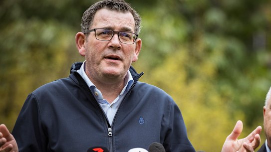 Premier Daniel Andrews and Treasurer Tim Pallas announcing the $380 million compensation deal to cancel the Commonwealth Games.