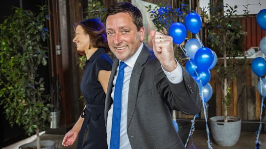 Opposition leader Matthew Guy leaves the Liberal Party election launch in Port Melbourne.