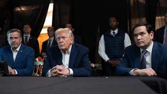 President Donald Trump monitors the US military operations in Venezuela, with CIA Director John Ratcliffe, left, and Secretary of State Marco Rubio at Mar-a-Lago in Palm Beach.