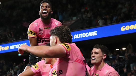 Penrith celebrate a try by Brian To’o against Parramatta on Friday night.