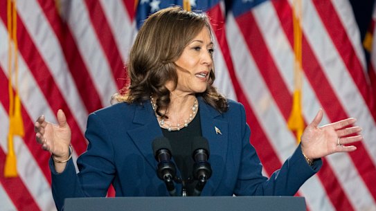 Vice President Kamala Harris campaigns for president as the presumptive Democrat candidate during an event in Wisconsin.
