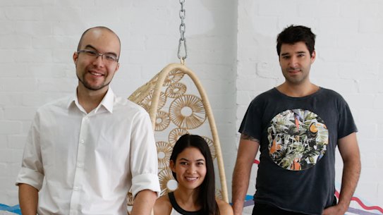 Canva founders Cameron Adams, Melanie Perkins and Cliff Obrecht. 