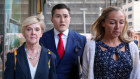 Former NSW Opposition leader Kerry Chikarovski (left) leaves Downing Centre Court with her daughter Lisa Chikarovksi and Mark Chikarovski’s lawyer Bryan Wrench.