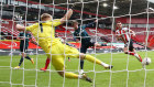 Patrick Bamford scores for Leeds against Sheffield United at Bramall Lane.