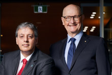 Orica CEO Sanjeev Gandhi and chairman Malcolm Broomhead at Orica House in East Melbourne. 