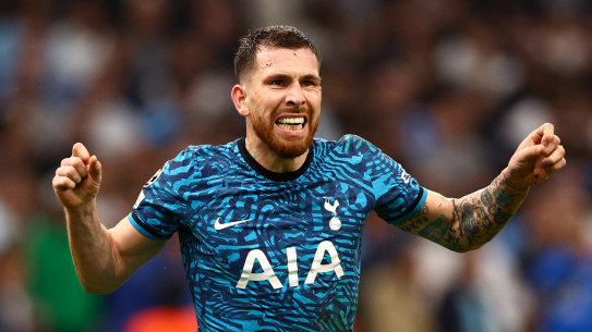 Pierre-Emile Højbjerg celebrates the last-gasp goal which secured top spot for Tottenham in Champions League Group D.