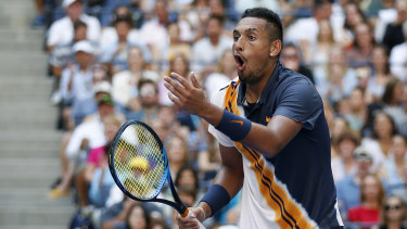OMG: Nick Kyrgios reacts to Roger Federer's stunning passing shot during their third round clash at the US Open.