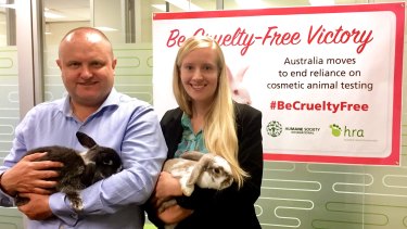 Jason Wood, the federal Liberal member for La Trobe, and Hannah Stuart, campaign manager for #BeCrueltyFree Australia, at a press conference to announce the passing of legislation to ban animal testing for cosmetics sold in Australia.