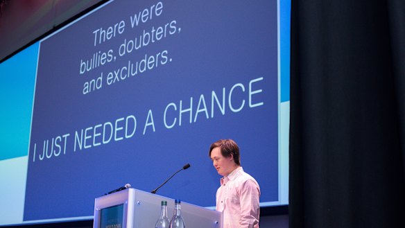 Brandon Gruber of the United States speaks on human rights at the 2018 World Down Syndrome Congress in Glasgow. 