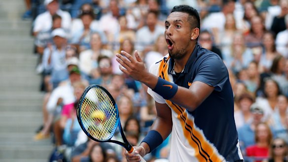 OMG: Nick Kyrgios reacts to Roger Federer's stunning passing shot during their third round clash at the US Open.