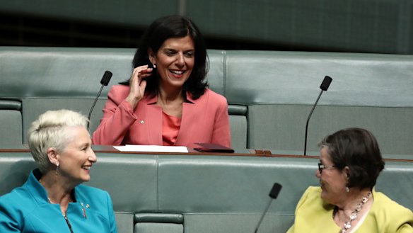 Former Liberal MP Julia Banks (centre) sits on the crossbench on Thursday with Kerryn Phelps (left) and Cathy McGowan (right). 
