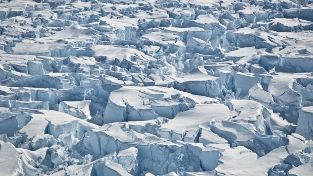 This 2010 photo provided by researcher Ian Joughin shows crevasses near the edge of Pine Island Glacier.