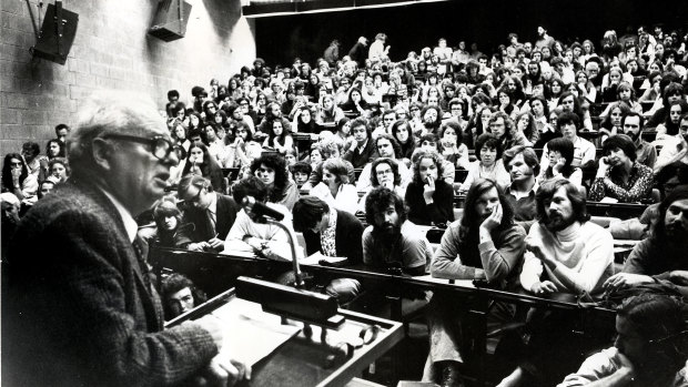 Australian journalist Wilfred Burchett addressing students at Monash University on North Vietnam.