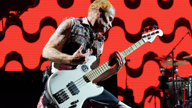 Flea of the Red Hot Chilli Peppers performs at Hope Estate in the Hunter Valley on Saturday.