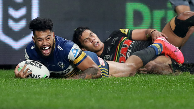 Former Panther Waqa Blake kick-starts the Eels' stunning comeback with a try in the 62nd minute.