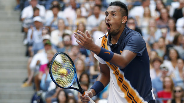 OMG: Nick Kyrgios reacts to Roger Federer's stunning passing shot during their third round clash at the US Open.