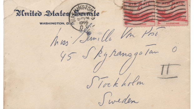 An envelope that John F. Kennedy addressed to a Swedish aristocrat a few years after he married Jacqueline Bouvier, according to Boston-based RR Auction. 