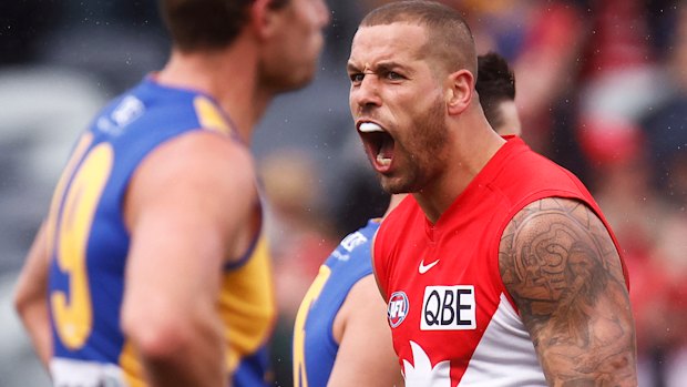 Lance Franklin celebrates another goal for Sydney.