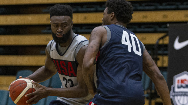 Jaylen Brown (left) and Celtics teammate Marcus Smart in action during a USA Basketball training session in Melbourne this week.