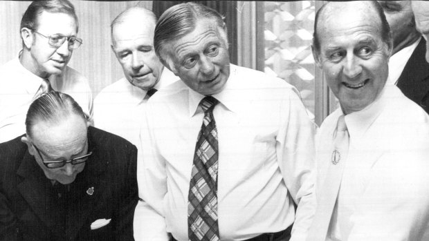 The late Brisbane lord mayor Clem Jones (centre) during a 1975 Commonwealth Games Association meeting at the NSW Leagues Club in Sydney to decide the place for the 1982 Games.