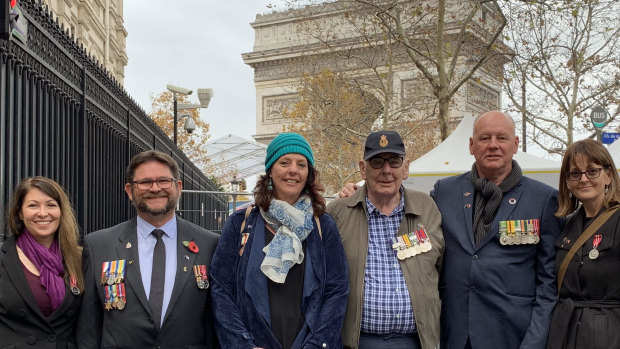 A group of Australian current and former Navy servicemen and women at the WWI armistice commemorations in Paris. Left to right: Jacqueline McDonald, Lee Webster, Jacky McDonald, Lindsay McDonald, Phillip McDonald, Robyn McDonald.