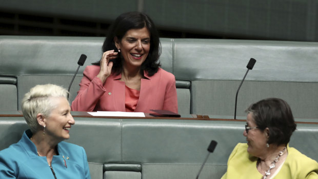 Former Liberal MP Julia Banks (centre) sits on the crossbench on Thursday with Kerryn Phelps (left) and Cathy McGowan (right). 