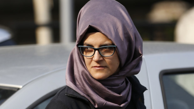 Hatice Cengiz, the Turkish fiancee of Saudi journalist Jamal Khashoggi, walks outside the Saudi Arabia consulate in Istanbul on Wednesday.