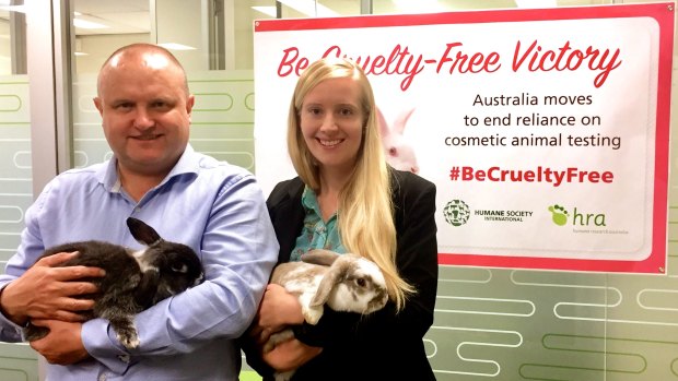 Jason Wood, the federal Liberal member for La Trobe, and Hannah Stuart, campaign manager for #BeCrueltyFree Australia, at a press conference to announce the passing of legislation to ban animal testing for cosmetics sold in Australia.