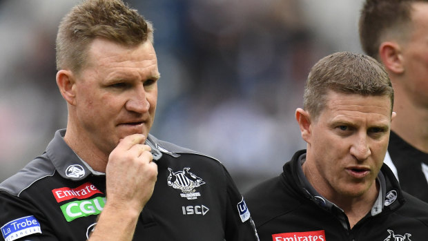 Collingwood assistant coach Scott Burns, with Nathan Buckley, may be a contender to replace Brad Scott. 