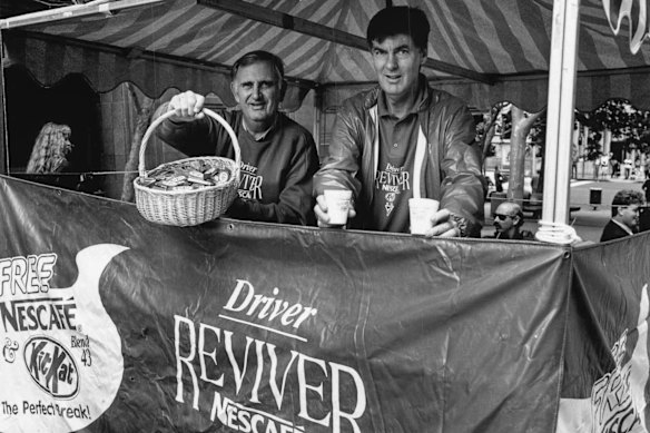 Allan McCormac (right) at a Driver Reviver site in the early 1990s.