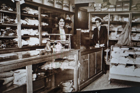 Annie Stewart, who took over after her husband died, and her son, Bob jnr, pictured in 1947 in the Kew store.