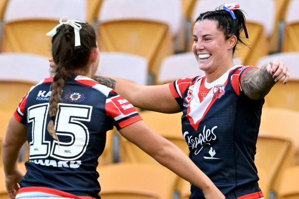 Roosters flyer Jayme Fressard celebrates a try against her former club Brisbane last week.