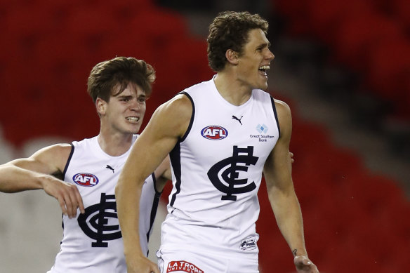 Charlie Curnow is all smiles after booting a goal for the Blues.