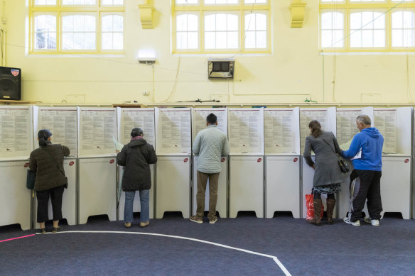 Voters at a polling booth on election day.