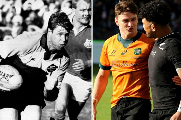 Nick Farr-Jones running for the Anzac XV in 1989, and Beauden Barrett and Ardie Savea in 2021.