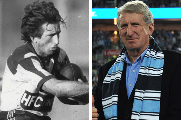 Steve Mortimer in his prime (left) and more recently wearing a Blues scarf, a team he represented with pride.