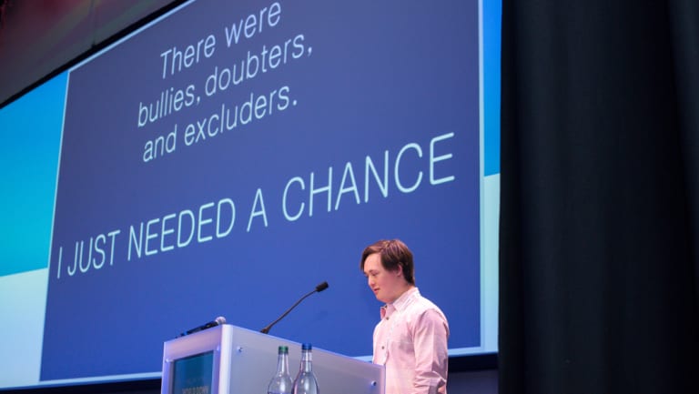 Brandon Gruber of the United States speaks on human rights at the 2018 World Down Syndrome Congress in Glasgow. 