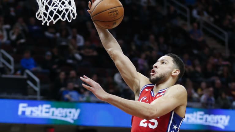 Ben Simmons shoots for the 76ers against the Cavaliers.