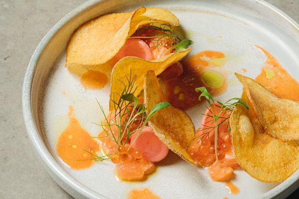 Rainbow trout tartare with bloody mary vinaigrette. 