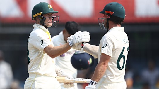 Marnus Labuschagne and Travis Head after guiding Australia to victory in the third Test.